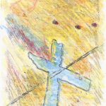 A drawing with expressive colorful marks depicting a blue x.
