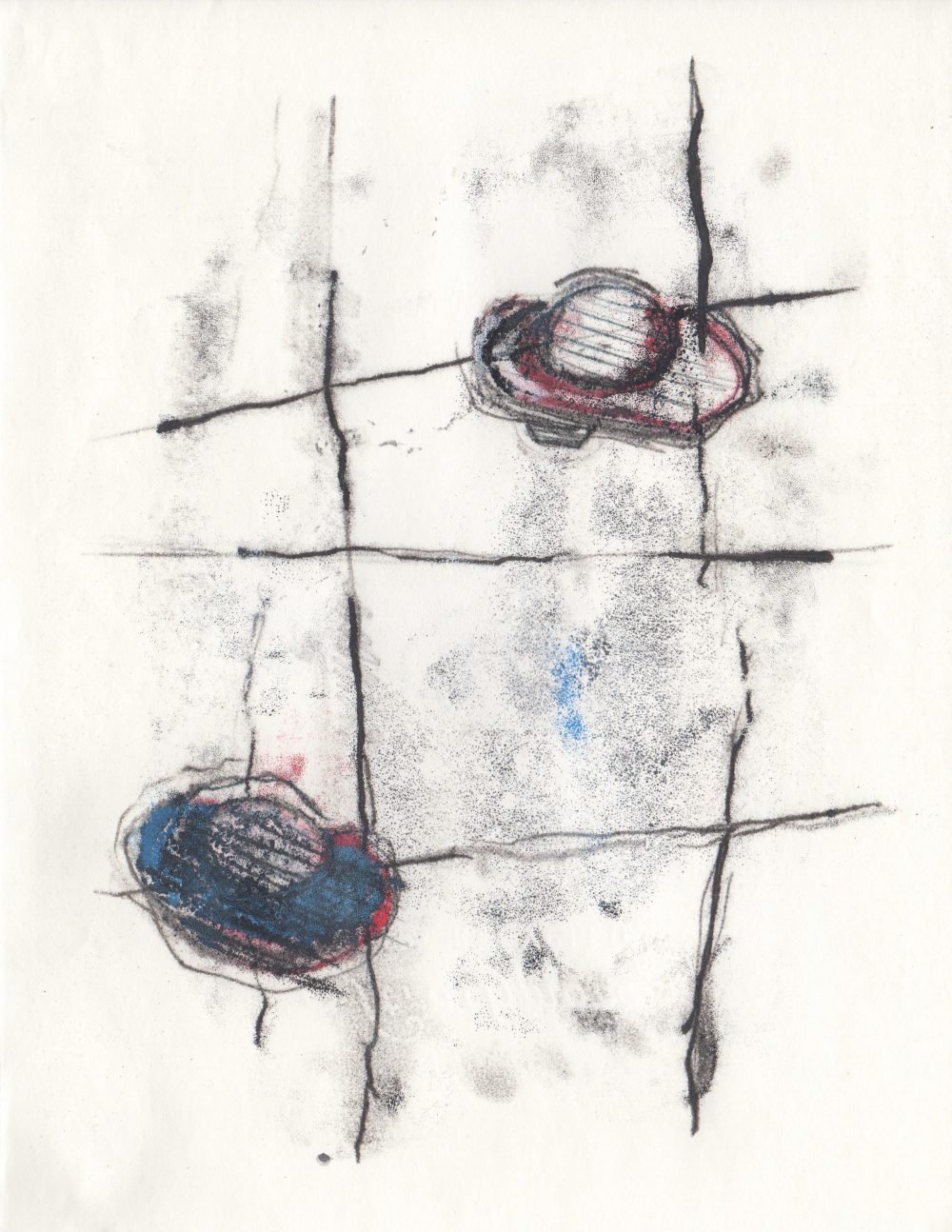 A gestural drawing depicts a black grid and two orblike shapes. One is in the lower left part of the grid and the other in the upper right.
