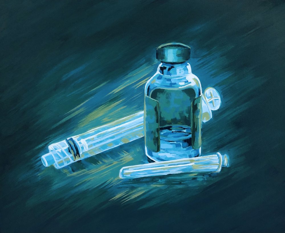 A painting in cool colors of a vial, syringe, and needle head.