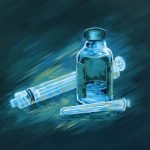 A painting in cool colors of a vial, syringe, and needle head.