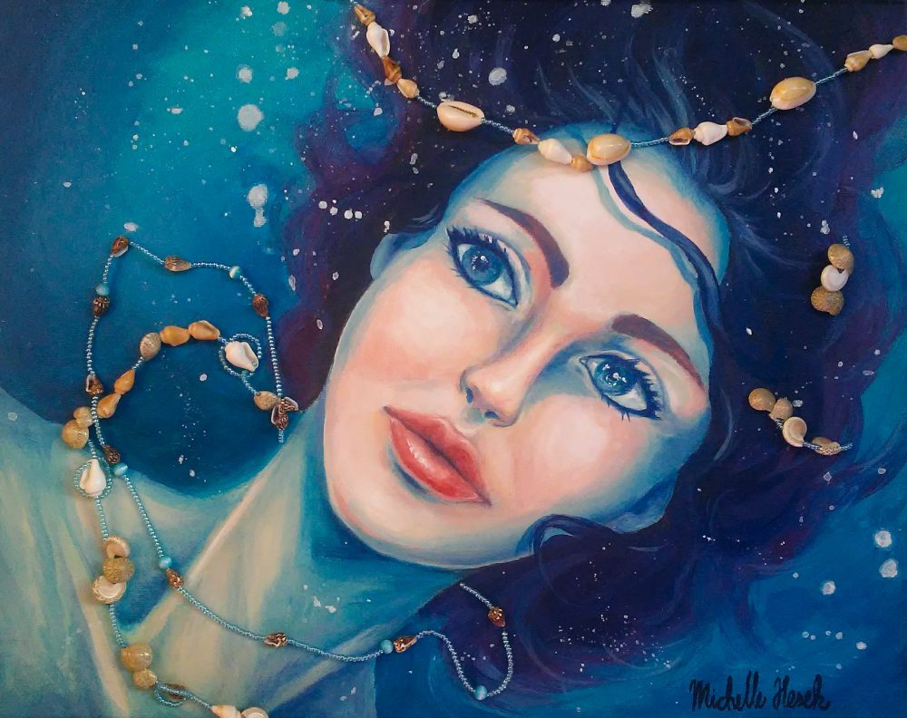 A portrait painting of a woman underwater with sewn on beads and seashells.