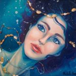 A portrait painting of a woman underwater with sewn on beads and seashells.