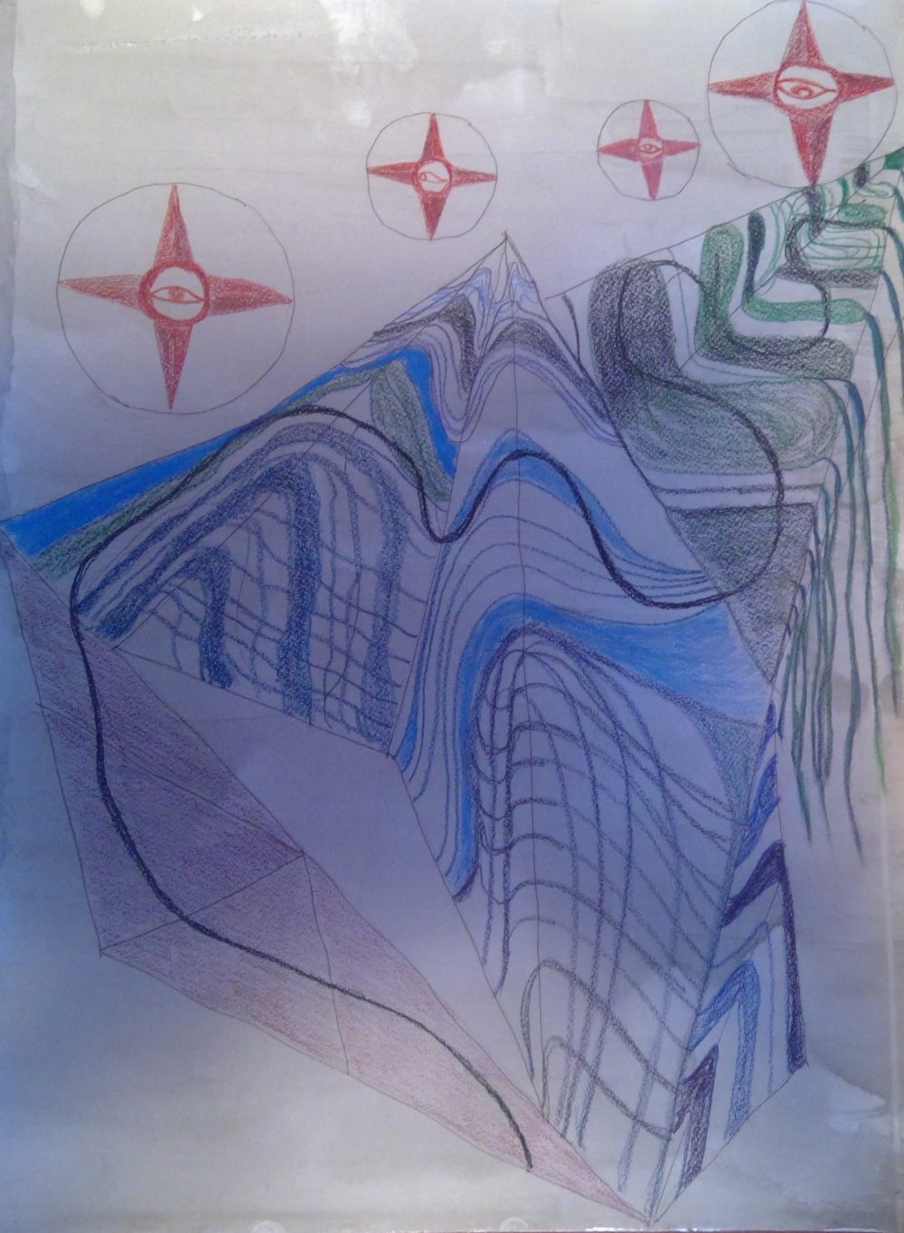 Interlocking pyramids with four all seeing eyes floating above.