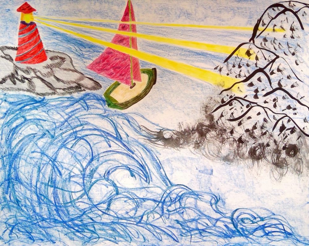 Lighthouse in upper left corner with waves below and sailboat passing by with mountains to the right.