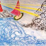 Lighthouse in upper left corner with waves below and sailboat passing by with mountains to the right.