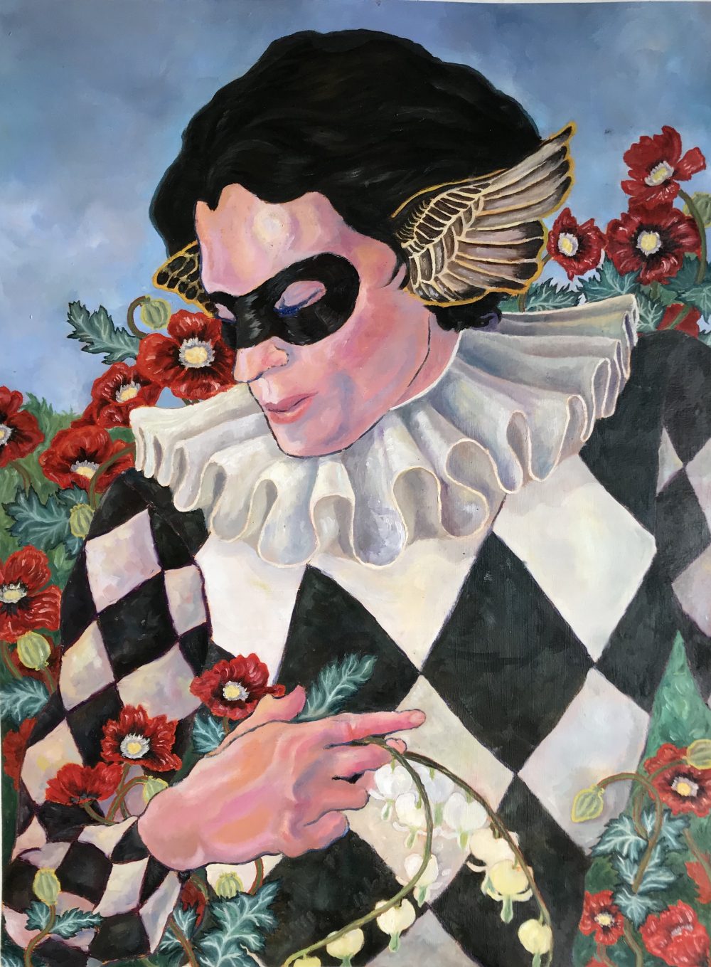 A painting in portrait format of a young man, face and torso visible, wearing a domino mask, harlequin print top, and neck ruff, surrounded by red poppy flowers.