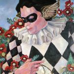 A painting in portrait format of a young man, face and torso visible, wearing a domino mask, harlequin print top, and neck ruff, surrounded by red poppy flowers.