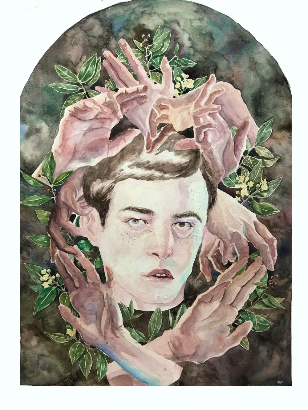 An arch shaped watercolor painting featuring a portrait of a young man in the foreground, surrounded by hands in various positions and laurel leaves, with dark abstract background.