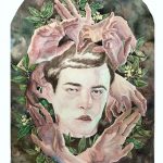 An arch shaped watercolor painting featuring a portrait of a young man in the foreground, surrounded by hands in various positions and laurel leaves, with dark abstract background.