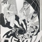 A black and white drawing showing several still images of one person strumming a guitar, standing on a spiral that decreases in size with the repeating phrase "hey" emerging out of the spiral, increasing in size.