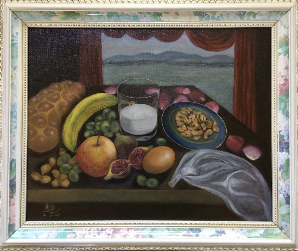 A still-life oil painting of pile of healthy foods on a table in a house facing the waterfront.
