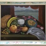 A still-life oil painting of pile of healthy foods on a table in a house facing the waterfront.