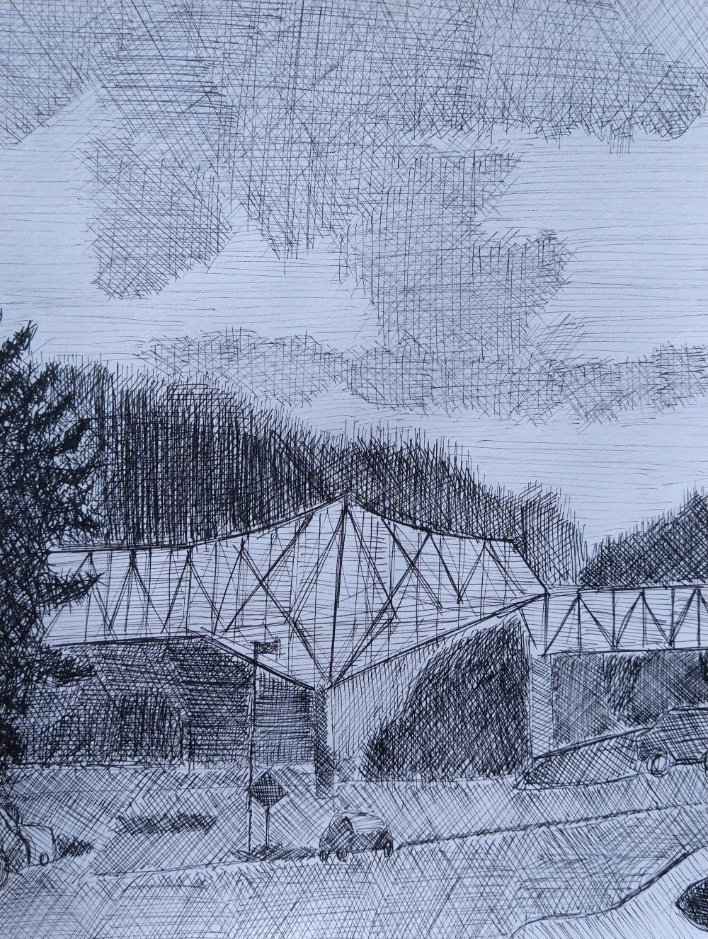 An ink drawing in black and white, of the Bridge of the Gods in Cascade Locks, Oregon, with hills in the background and an overcast sky.