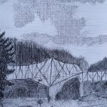 An ink drawing in black and white, of the Bridge of the Gods in Cascade Locks, Oregon, with hills in the background and an overcast sky.