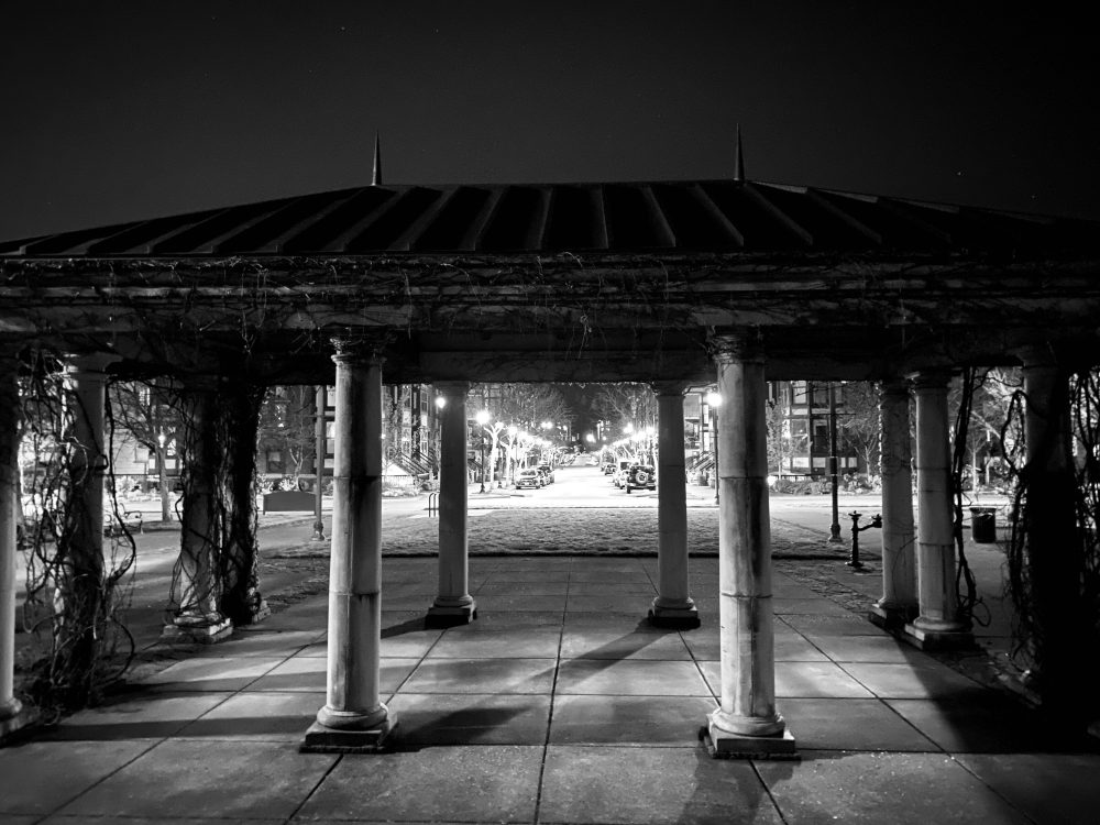 Gazebo-like structure in Orenco station at night.