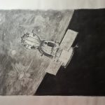 This monochrome drawing showing the lonely abandoned spaceship against the background of the moon and black deep space.