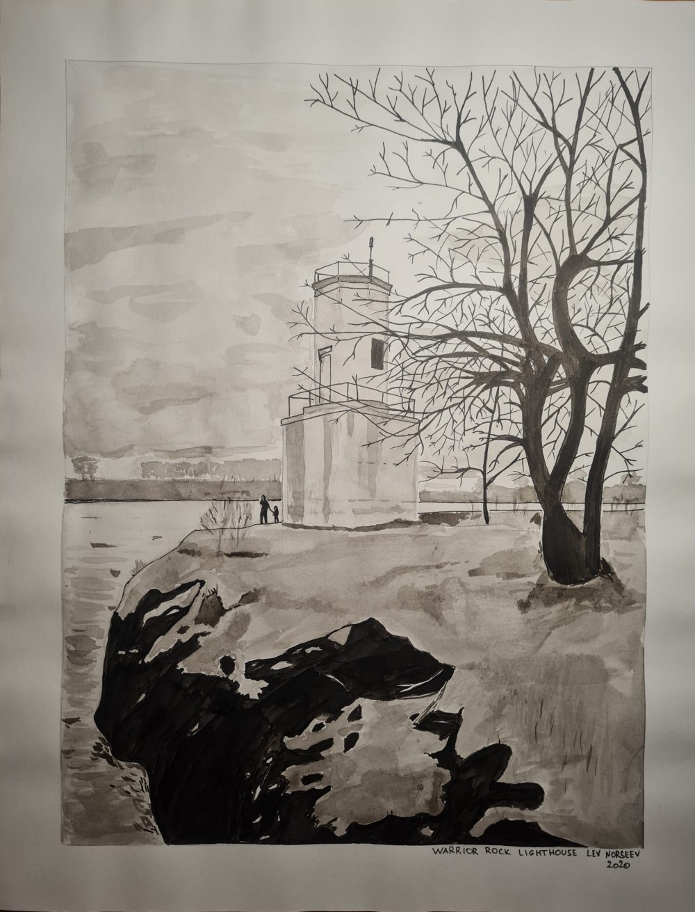 A monochrome drawing of the landscape with a bare tree; a lighthouse and two figures staying on the riverside next to them under the overcast sky.