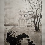 A monochrome drawing of the landscape with a bare tree; a lighthouse and two figures staying on the riverside next to them under the overcast sky.