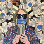 A painting of a woman surrounded by heads in face masks.