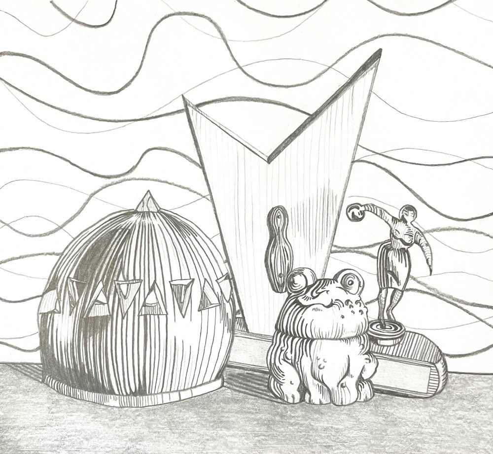 Still life of a bowling trophy, a frog figurine and a domed candle holder using contour lines to show form and squiggly lines in the background.