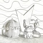 Still life of a bowling trophy, a frog figurine and a domed candle holder using contour lines to show form and squiggly lines in the background.