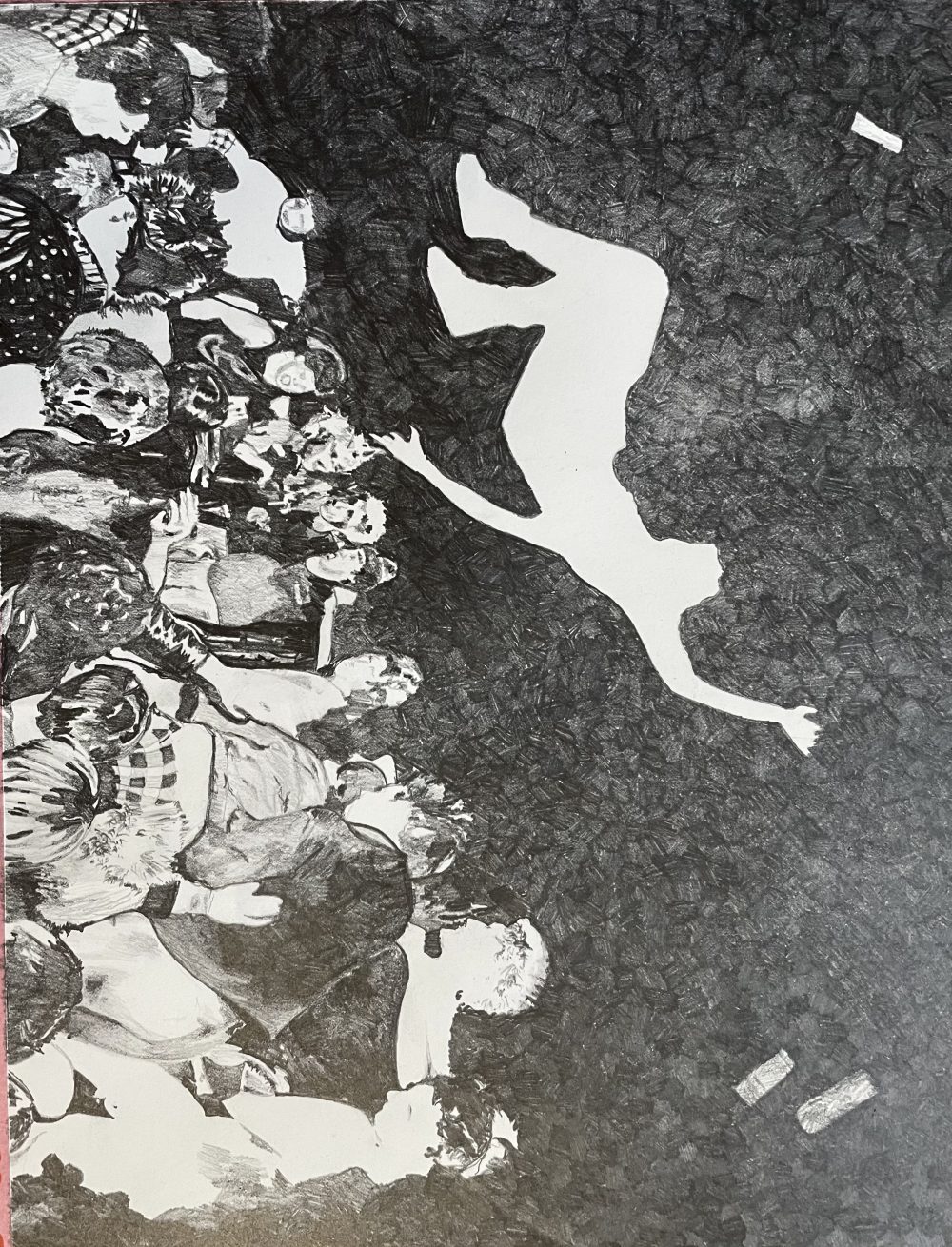 A graphite drawing of a crowd of people at a concert with the silhouette of a stage diver falling from above.