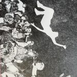 A graphite drawing of a crowd of people at a concert with the silhouette of a stage diver falling from above.