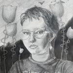 A graphite drawing of a girl with round glasses, a mullet, graphic winged eyeliner and a tee shirt that says "Minor Threat" on it. The background has pine trees in the distance, tall cartoon-like flowers in the middle ground and bats flying through the sky.