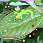 A close up photograph of a leaf with water droplets on it, colorful lines and shapes are added to it, with small animals such as lizards and bugs drawn in the foreground of the image.