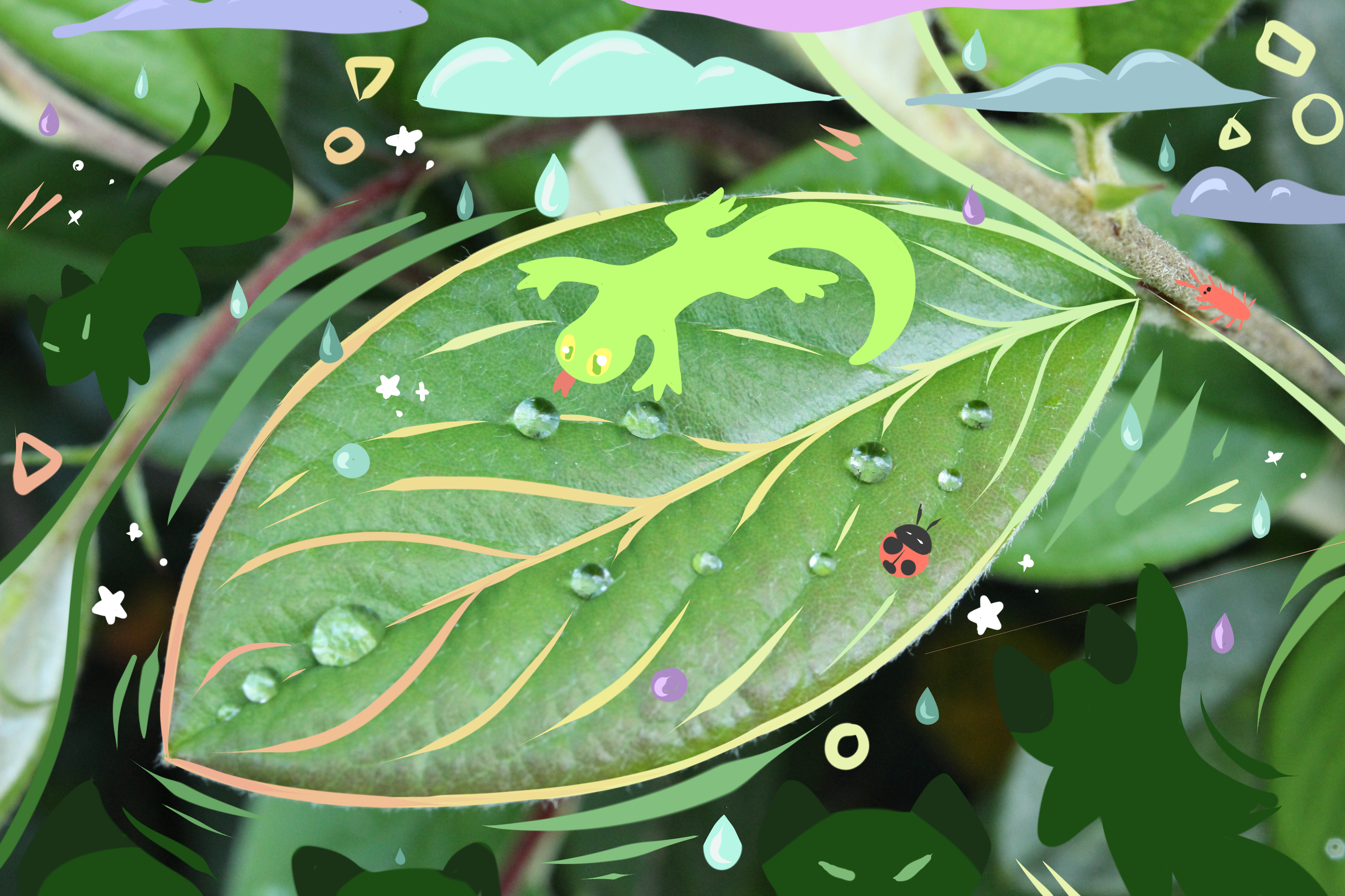 A close up photograph of a leaf with water droplets on it, colorful lines and shapes are added to it, with small animals such as lizards and bugs drawn in the foreground of the image.