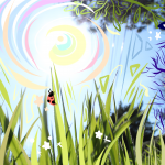 A close up photograph of blades of grass, very bright sunlight in the background, colorful lines and shapes in foreground, and a ladybug and a crow drawn in the foreground.