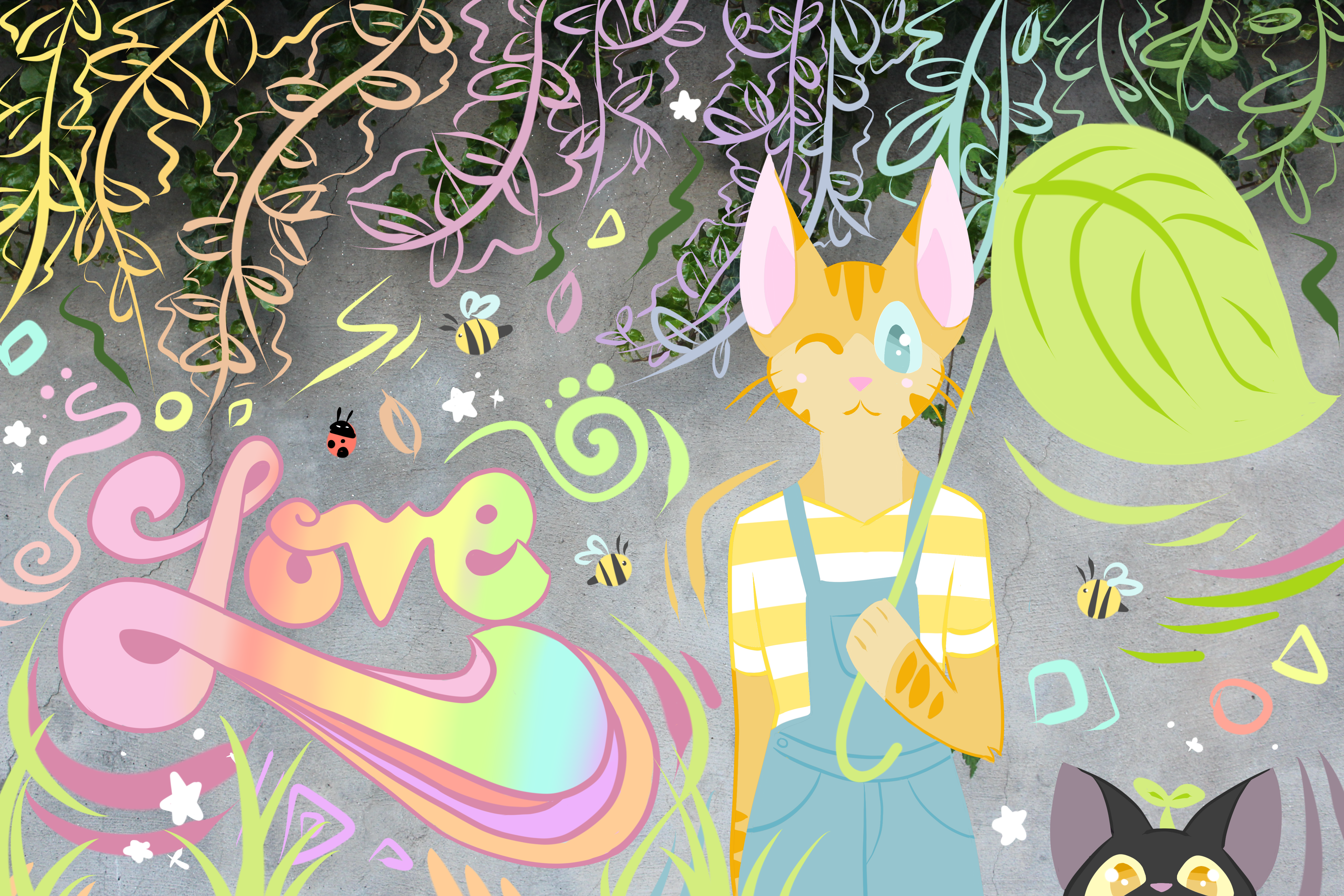 A photograph of a cement wall with colorful illustrations drawn on it, two cartoon cats are in the foreground, twisting vines and plant life alongside graffiti are in the background.