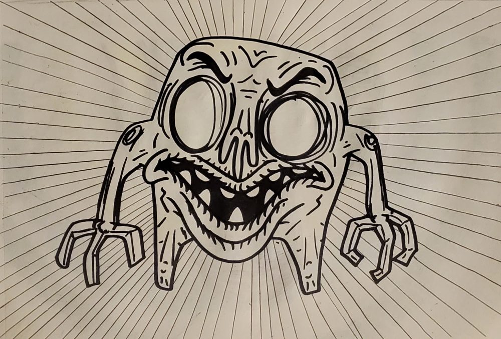 A creature with exaggerated features and shapely limbs with a dissatisfied and disconcerted face in front of an basic background of lines.