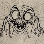 A creature with exaggerated features and shapely limbs with a dissatisfied and disconcerted face in front of an basic background of lines.