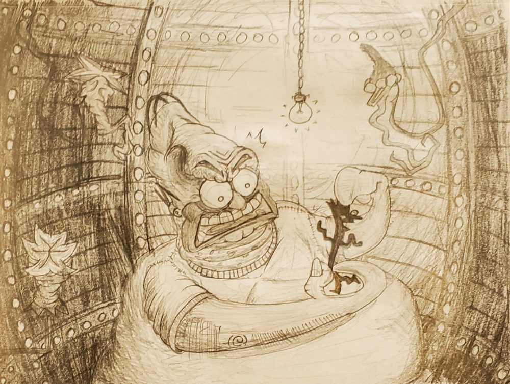A pencil-on-paper drawing displaying an angry Homer Simpson making stretched molds of his family in a dim metal shed illuminated by a single dangling lightbulb.