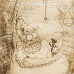 A pencil-on-paper drawing displaying an angry Homer Simpson making stretched molds of his family in a dim metal shed illuminated by a single dangling lightbulb.