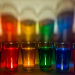 Photograph of small glasses with liquid in rainbow colors inside each glass.