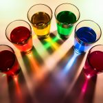 An aerial view of a semi-circle of cups with water in them. The water is rainbow colored.