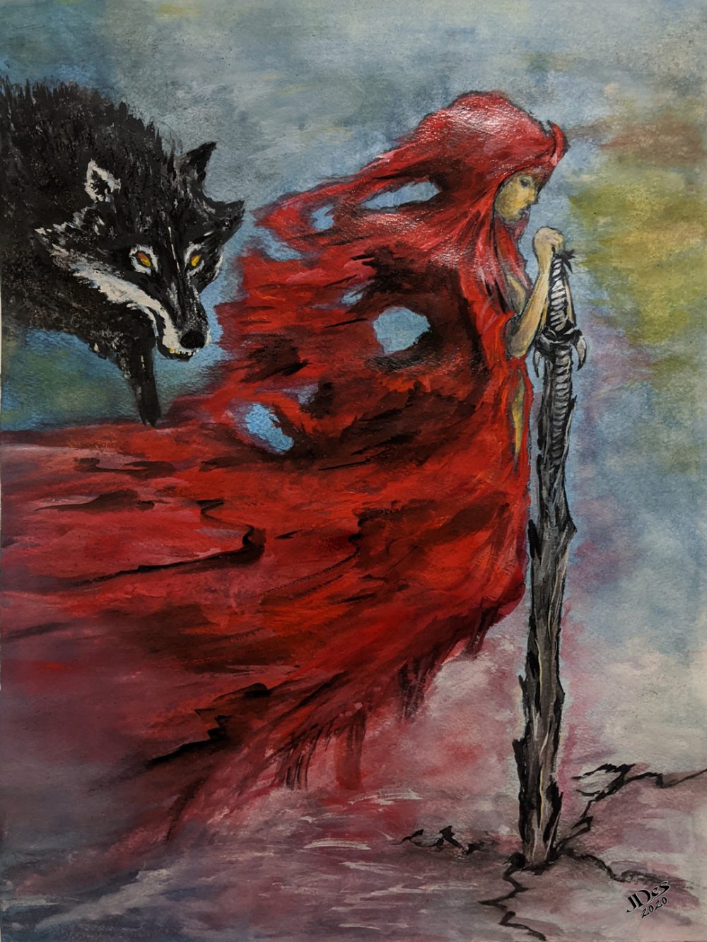 Drawing of a woman wearing a red cloak and a wolf approaching her from the left side.
