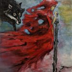 Drawing of a woman wearing a red cloak and a wolf approaching her from the left side.