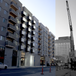 Urban scene with apartment buildings and crane.