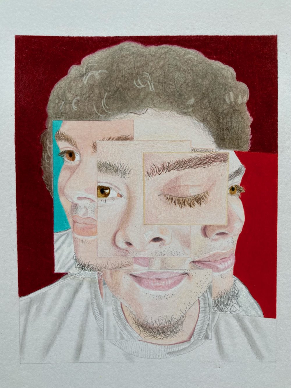 Portrait montage consisting of multiple images grouped/layered together to render the individual's face and likeness.