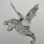 Drawing with graphite pencils of a hippo, bat, and seahorse chimera while in flight.