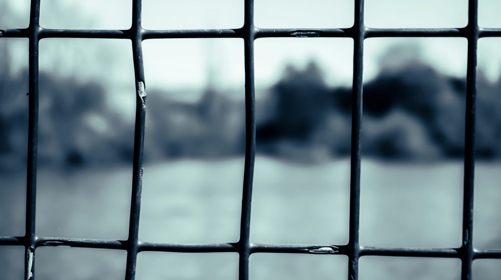 Frame within a frame of a gate with a lake in the background