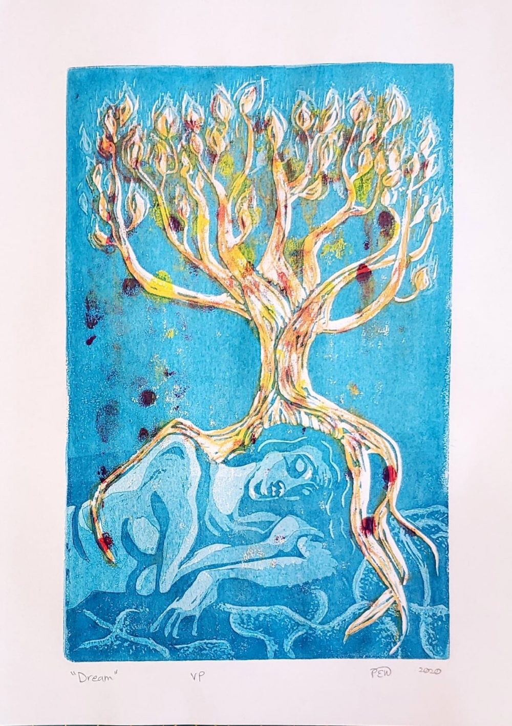 Warm orange, yellow, and reds form a tree shape with flame-like leaves reaching up into the night sky, and sinuous roots reach downward, embracing a sleeping female figure formed by shades of soft blue.