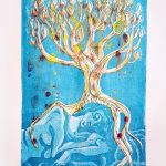 Warm orange, yellow, and reds form a tree shape with flame-like leaves reaching up into the night sky, and sinuous roots reach downward, embracing a sleeping female figure formed by shades of soft blue.