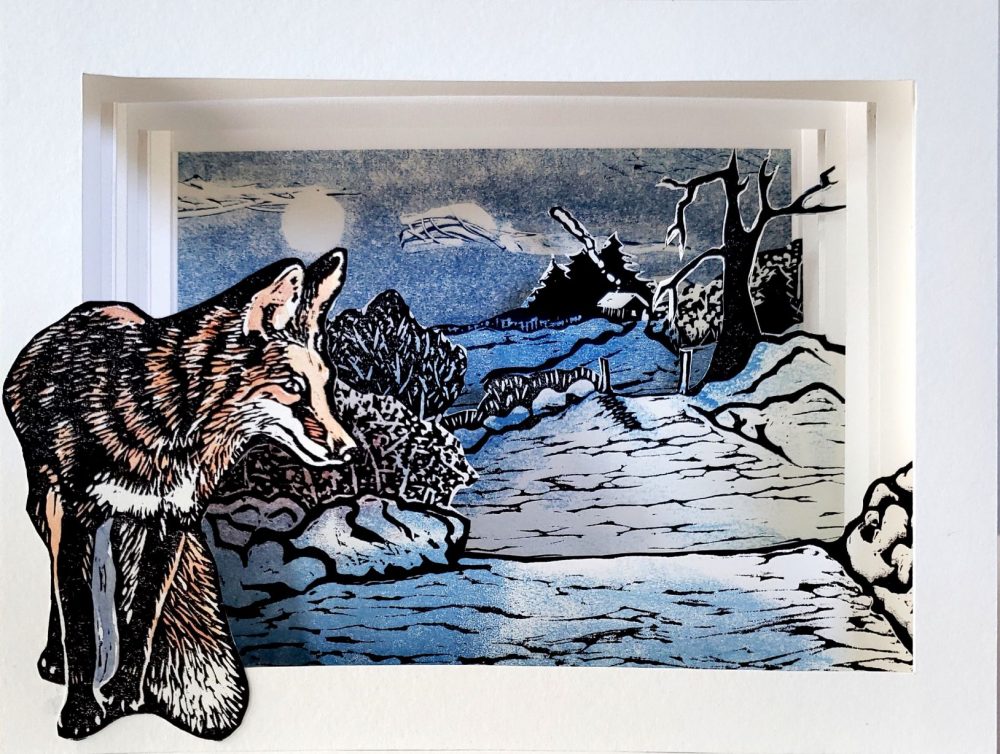 A full moon shines down on snowy fields as the fox turns to look back, across the hills to a distant farm house, chilly blues and white of the landscape contrast with his ruddy fur.