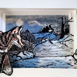 A full moon shines down on snowy fields as the fox turns to look back, across the hills to a distant farm house, chilly blues and white of the landscape contrast with his ruddy fur.