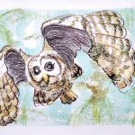 An owl flies through tree branches, looking directly at the viewer.