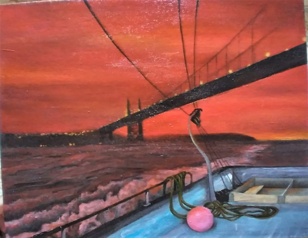 A painting from the perspective of a boat, with the corner of the stern visible as red orange hues coat the ocean and hazy Golden Gate bridge and lights on the bay in the distance.
